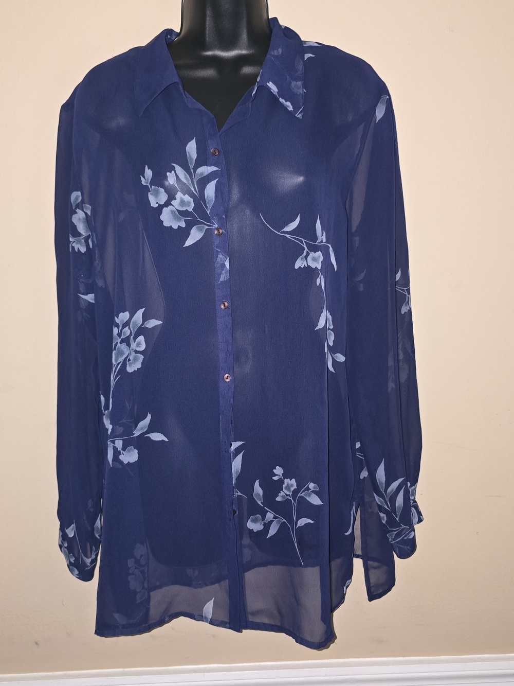 VTG Norton McNaughton Navy Sheer Floral Button-Down Blouse Sz L CoverUp Beach